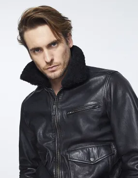 Blouson noir en cuir col Sherpa Homme