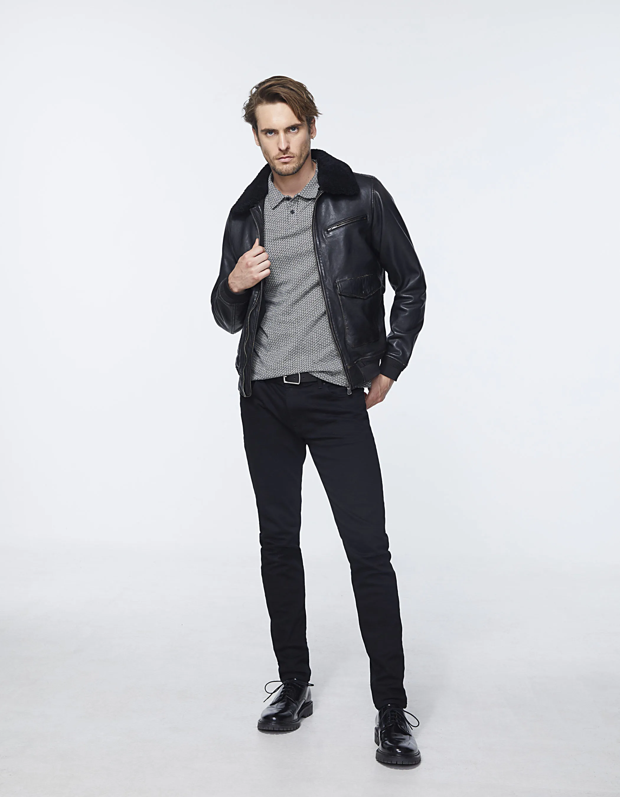 Blouson noir en cuir col Sherpa Homme