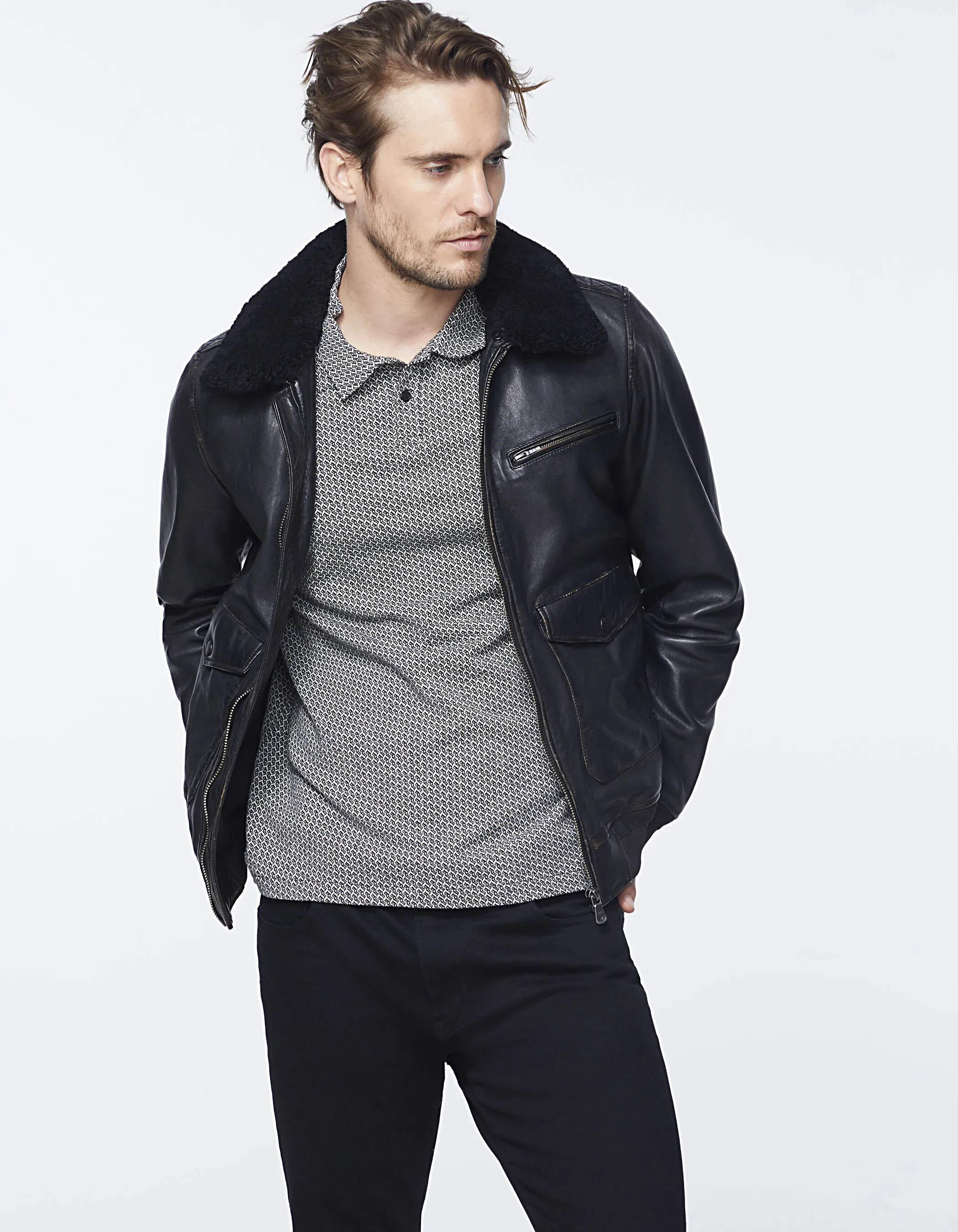 Blouson noir en cuir col Sherpa Homme