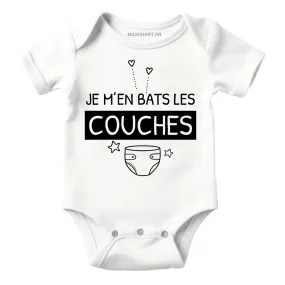 Body Bébé humour Je m'en bats les Couches | Blanc 100% coton | idée cadeau naissance