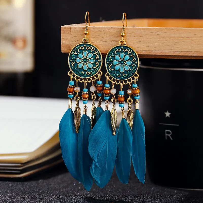 Boucles d'oreilles Boho longues plumes pour femmes