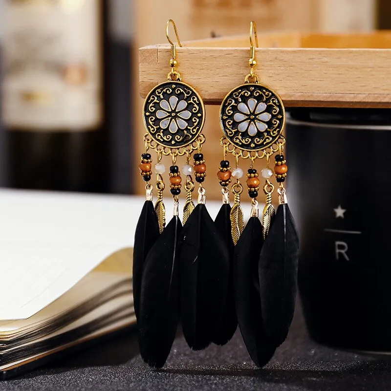 Boucles d'oreilles Boho longues plumes pour femmes