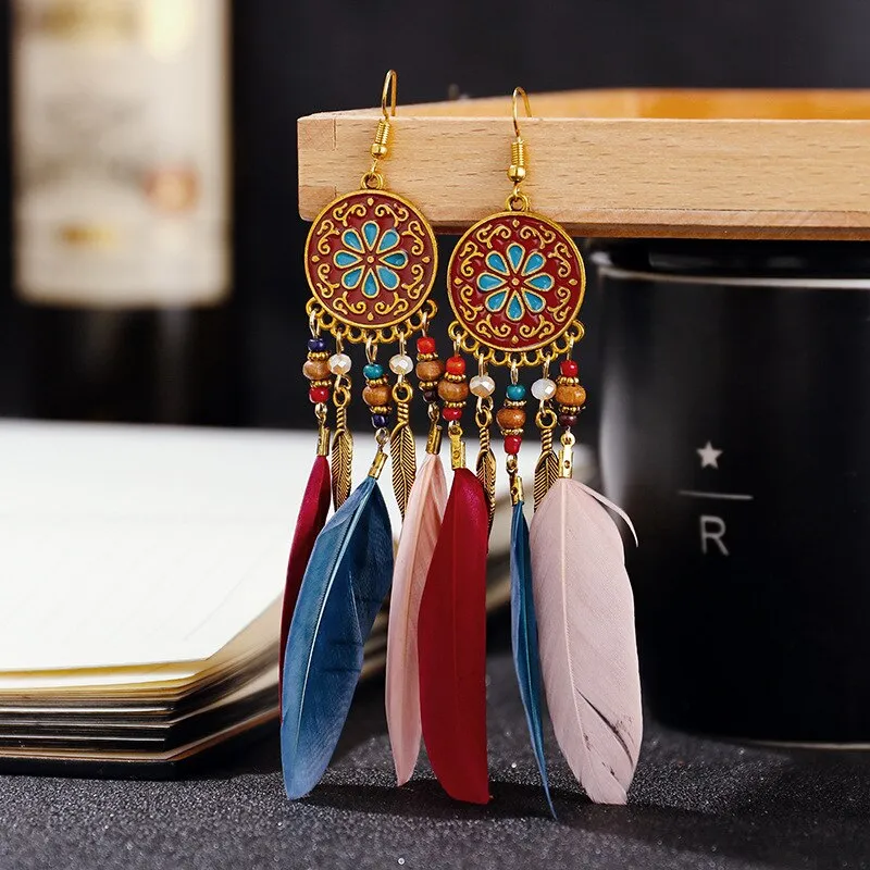 Boucles d'oreilles Boho longues plumes pour femmes