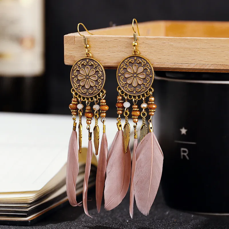 Boucles d'oreilles Boho longues plumes pour femmes