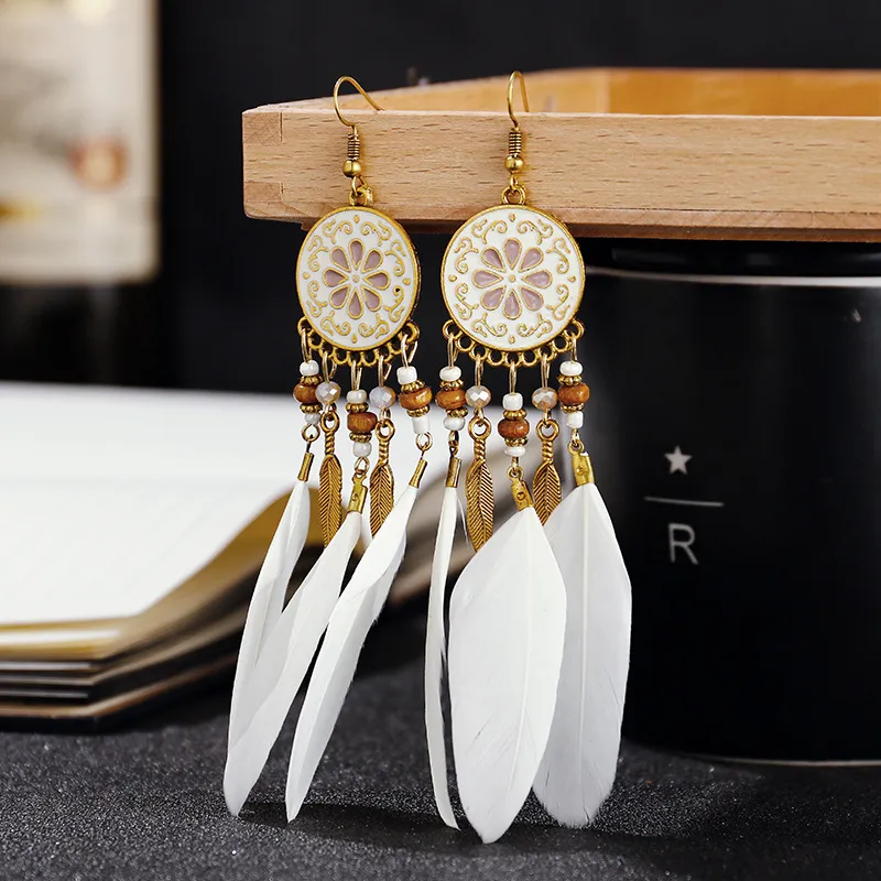 Boucles d'oreilles Boho longues plumes pour femmes