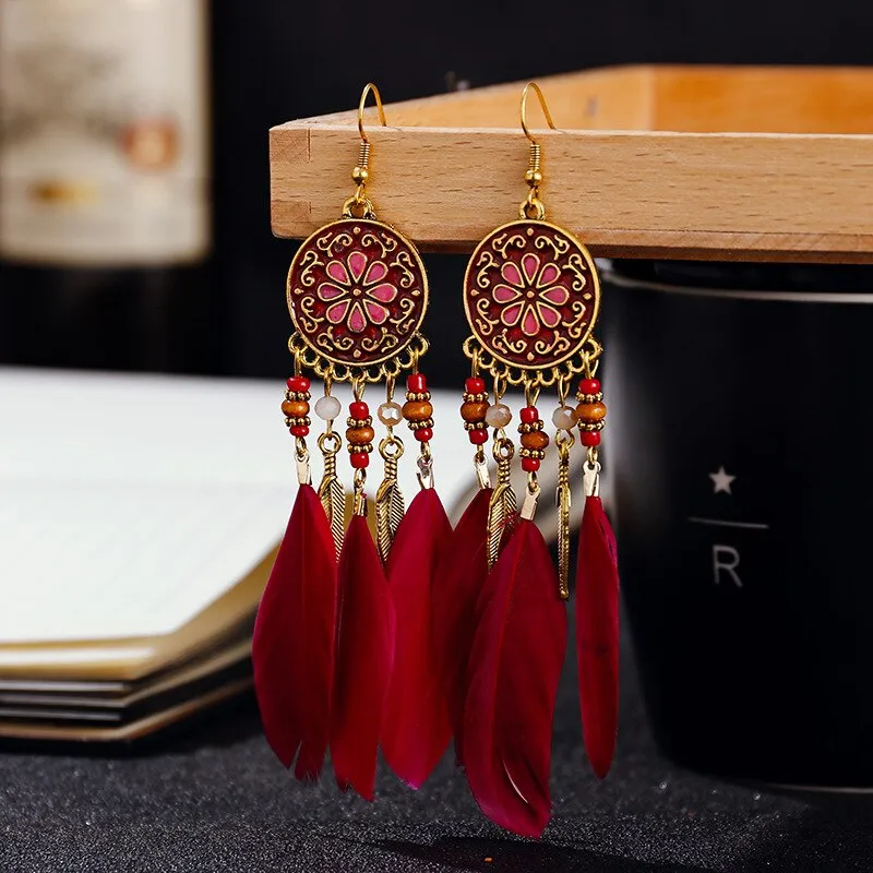 Boucles d'oreilles Boho longues plumes pour femmes