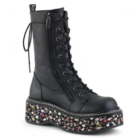 Chaussure gothique DEMONIACULT noire avec semelle compensée à fleurs pour femme