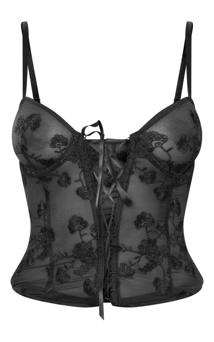 Corset en mesh brodé fleuri noir à lacets