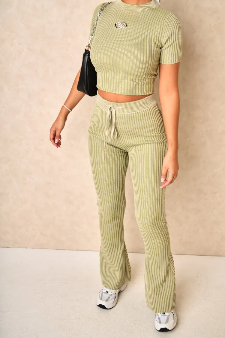 Ensemble 2 pièces top + pantalon à rayures kaki