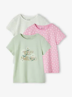 Lot de 3 t-shirts Basics détails irisés fille vert sauge - Vertbaudet