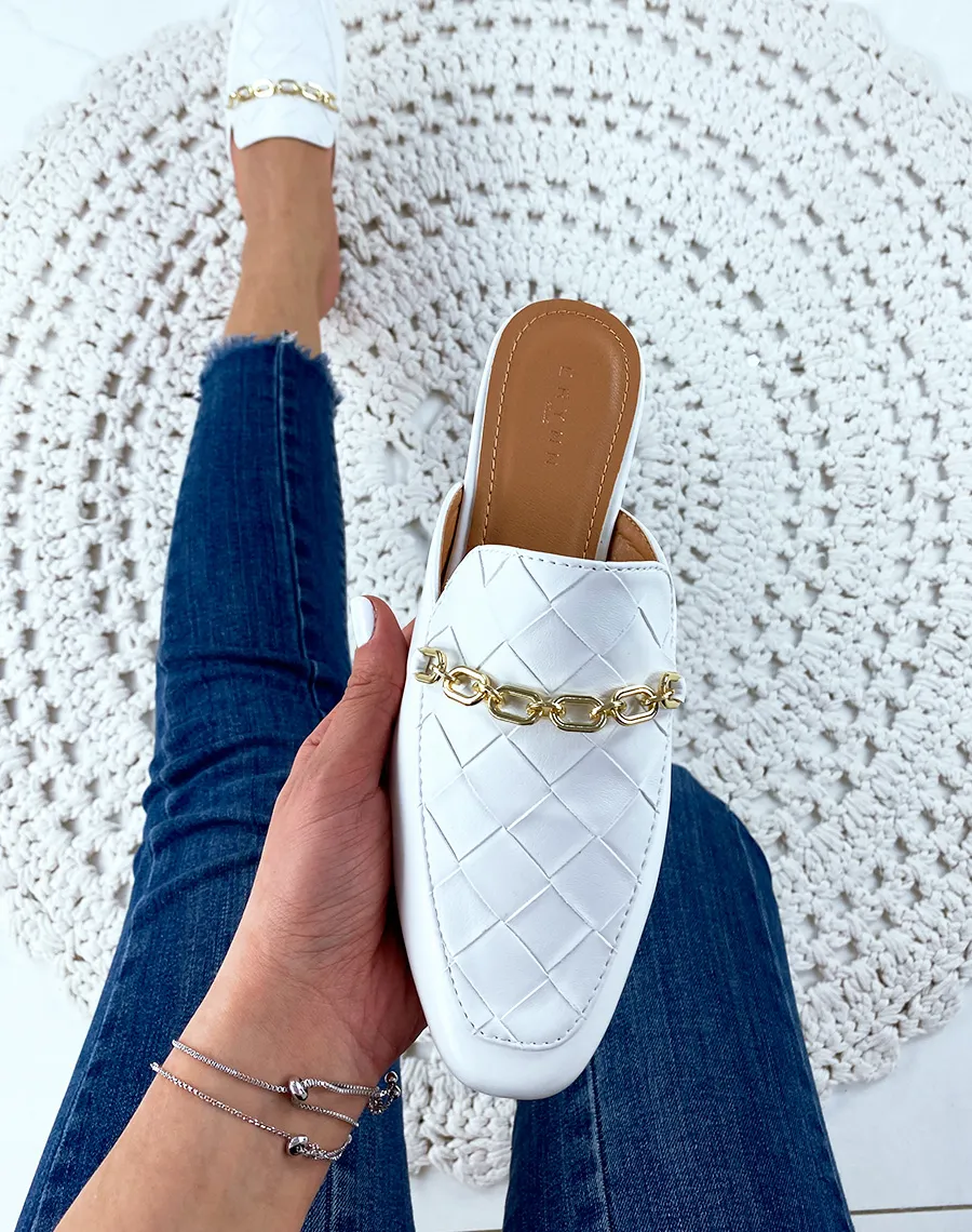 Mule style mocassin blanche en simili cuir