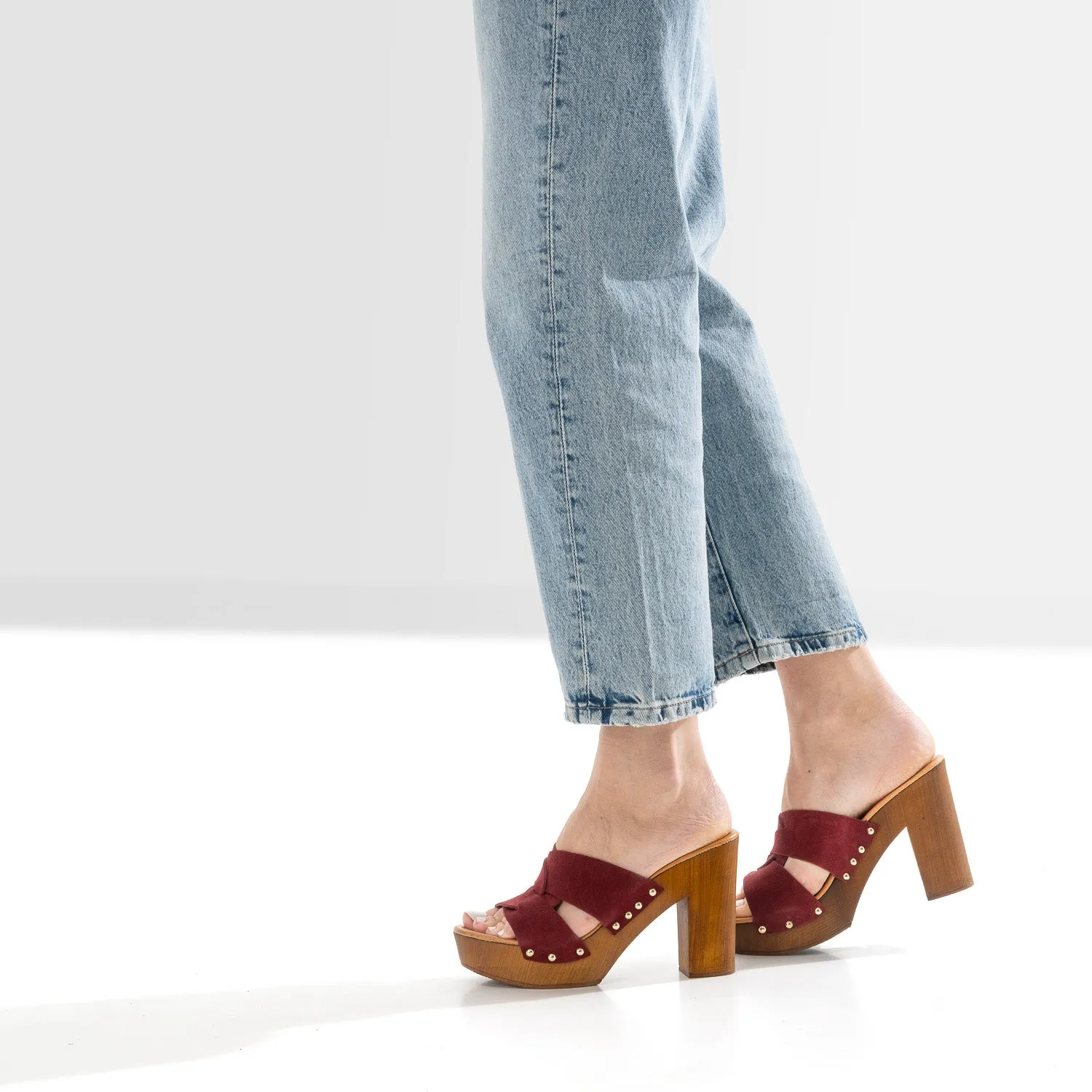 Mule à talon TEXTO bordeaux en cuir velours - Mules / Tongs Femme | ERAM