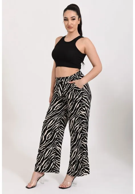 Pantalon fluide imprimé zebre noir et beige tendance et pour femmes