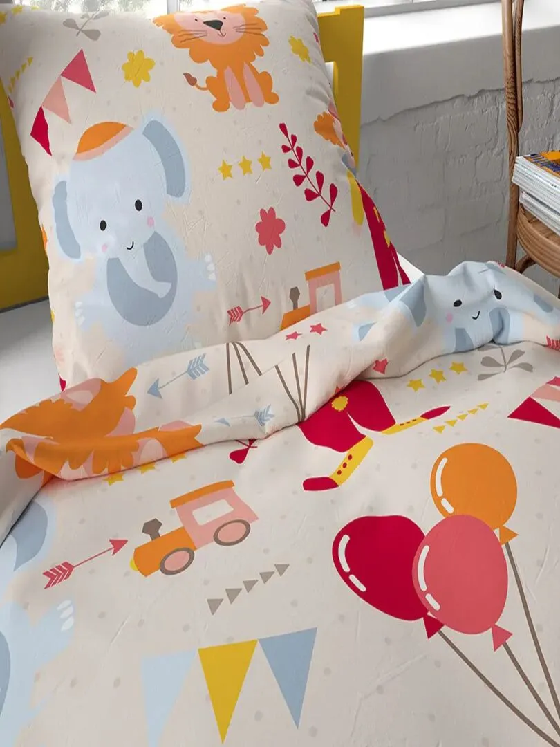 Parure de Lit Enfant Coton Animaux du Cirque - Beige