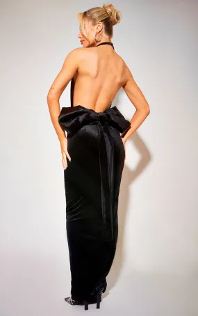 Robe longue dos nu en velours noir à détail noeud derrière