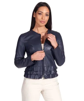 Veste en cuir femme avec rouches cuir aspect lisse bleu F105BL