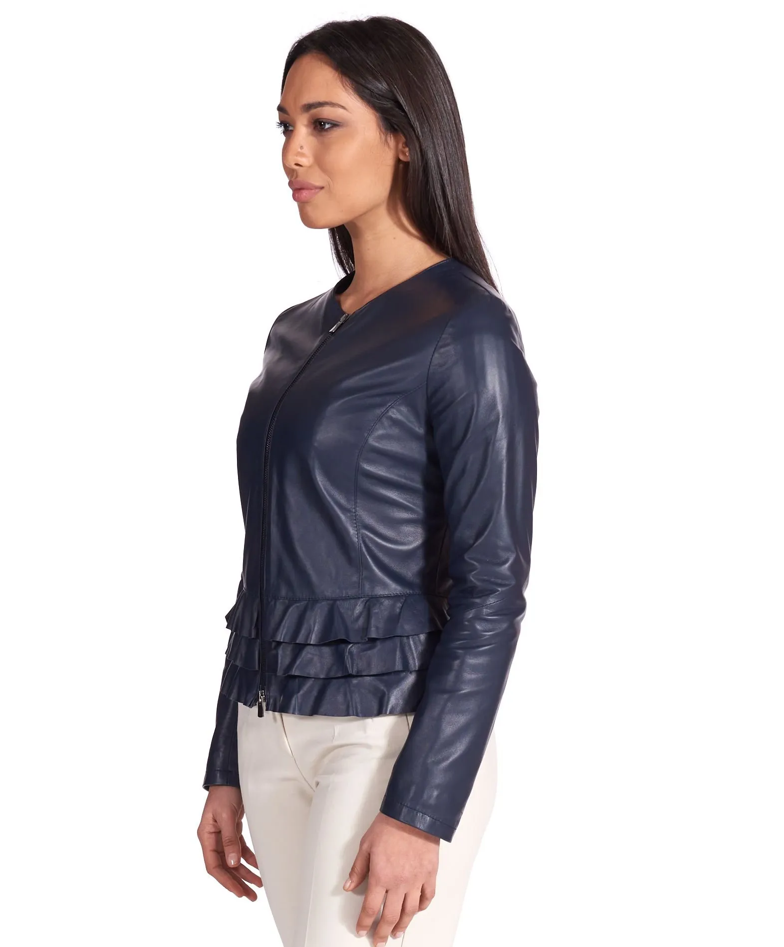 Veste en cuir femme avec rouches cuir aspect lisse bleu F105BL