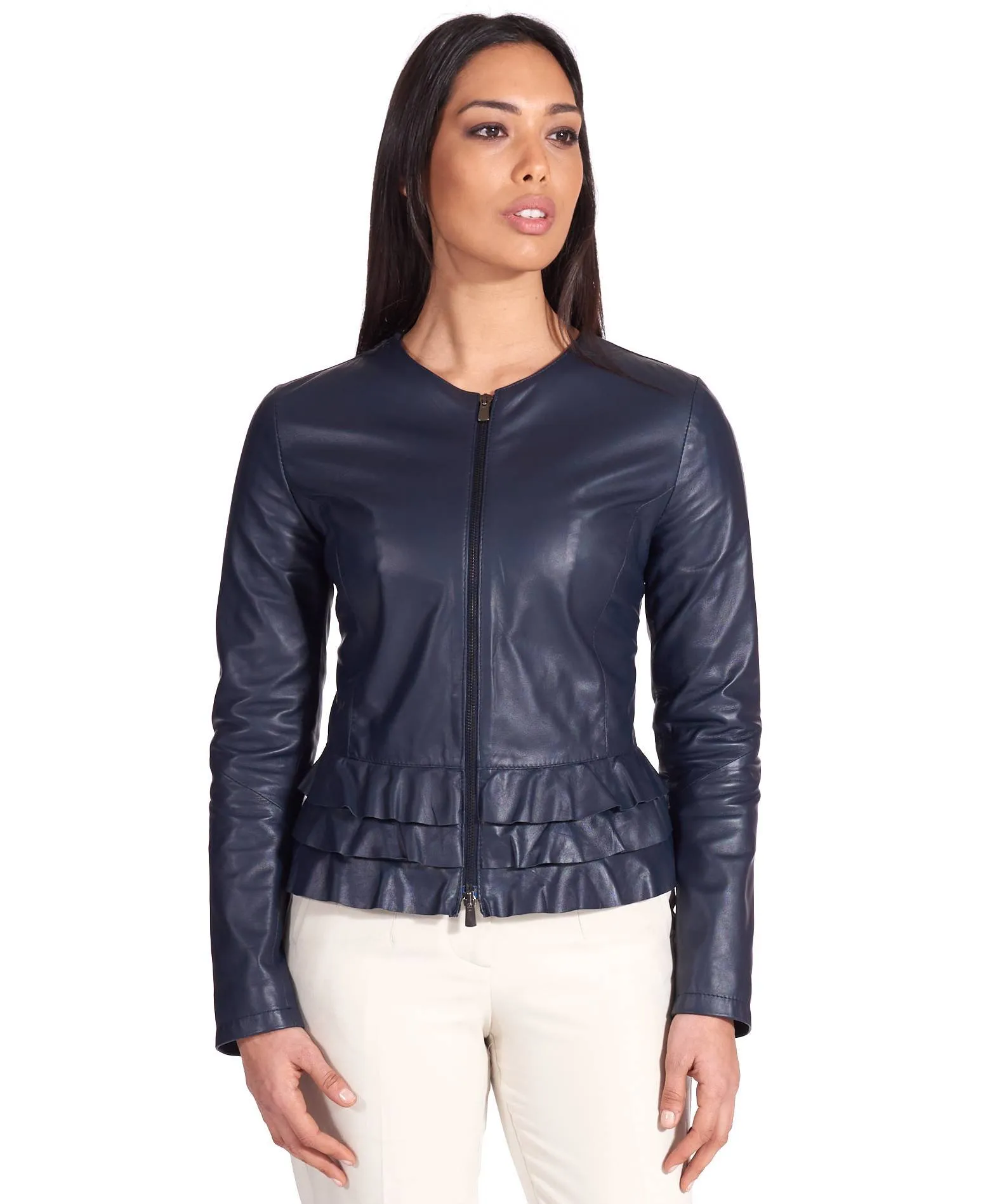 Veste en cuir femme avec rouches cuir aspect lisse bleu F105BL